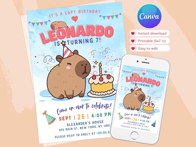 May include: A blue and white birthday invitation with a cartoon capybara wearing a party hat. The invitation says "It's a Capy Birthday! Leonardo is turning 7!" and includes details for the party, including the date, time, and location.