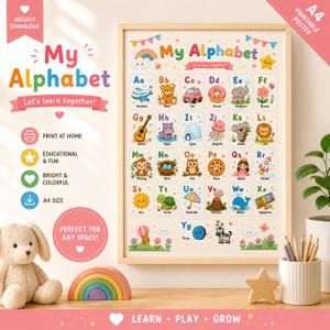 Puede incluir: Un póster educativo enmarcado del alfabeto con ilustraciones coloridas de objetos que representan cada letra. El póster incluye el texto "My Alphabet" y "Let's learn together!" y está diseñado para impresión en tamaño A4.
