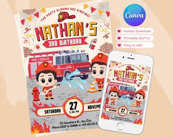Fireman birthday invitation | Sound The Alarm Boys | Firetruck Invitation | Editable Template Firefighter Birthday Party Canva Template