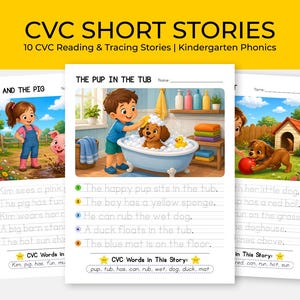 Puede incluir: Conjunto de hojas de trabajo de historias cortas CVC con 10 páginas de lectura y caligrafía para fonética de jardín de infantes. Cada página muestra una ilustración colorida, un título y cinco oraciones numeradas con líneas punteadas.