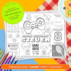 Video Game Birthday Coloring Placemat | Party Games Children | Activity Console Gaming Placemats | Color Sheet | Gamers | Printable Page