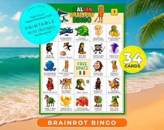 Cartelle del bingo Brainrot italiane, Cartelle del bingo per feste, Gioco da tavolo del bingo, Gioco per feste di compleanno per bambini, Attività di compleanno, Tralalero Tralala, Virale