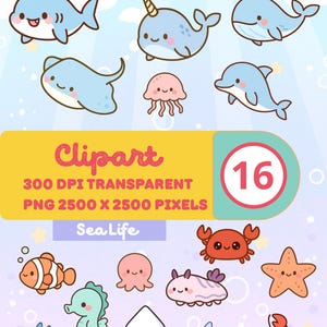 May include: A collection of 16 cartoon sea life clipart images, including a shark, narwhal, whale, stingray, jellyfish, dolphin, clownfish, seahorse, octopus, squid, crab, starfish, and other fish. The images are in various shades of blue, orange, pink, and white.