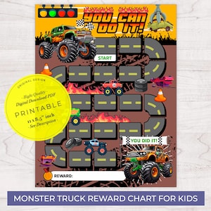 Puede incluir: Un gráfico de recompensas de camión monstruo imprimible para niños. El gráfico presenta una pista de carreras con un camión monstruo en la línea de meta. El gráfico mide 11 pulgadas por 8,5 pulgadas y está diseñado para ayudar a los niños a mantenerse motivados y en el camino correcto.