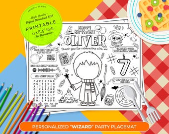 Wizard Birthday Party Coloring Placemat, Printable Wizard Page, Wizard Color Activity Sheet, Personalized Party Favor | for kids | Magic