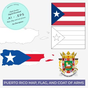 Puerto Rico Map | Puerto Rico Flag | Puerto Rico Coat of Arms | Puerto Rico flag | Vector Map | Instant Digital Download | PR Flag