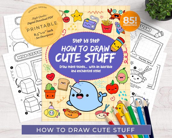 How to draw cute stuff step by step | 85 cute cartoons | Printable Worksheets | Cartoon character | Learn to draw for kids | Drawing Pack