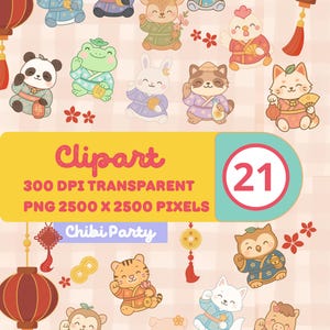 Puede incluir: Un conjunto de 21 personajes de animales de dibujos animados con trajes tradicionales japoneses. La imagen incluye un pingüino, un gato, un ciervo, un elefante, un panda, una rana, un conejo y más. El texto "Clipart" y "Chibi Party" está incluido.