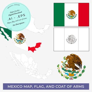 Mexico Map | Mexico Flag | Mexico Coat of Arms | Mexican Flag | Vector Map | Map with Flag | Mexico Pack | Instant Digital Download