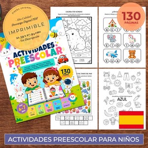 Puede incluir: Un libro de actividades preescolares con una portada colorida que muestra niños, un conejo y un astronauta. El libro incluye 130 páginas de contenido educativo como colorear por números, identificación de letras y trazo de formas.