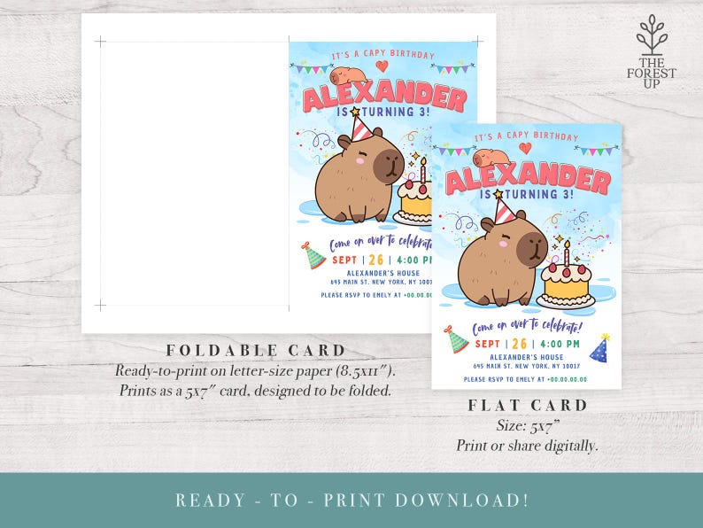 May include: Printable birthday invitation featuring a cartoon capybara with a birthday hat and cake. The invitation is for a boy named Alexander turning three. The invitation is available in two formats: a foldable card and a flat card. The text on the invitation reads "It's a Capy Birthday! Alexander is turning 3! Come on over to celebrate! Sept 26 | 4:00 PM Alexander's House 195 Main St. New York, NY 10017 Please RSVP to Emily at 00.00.00.00"