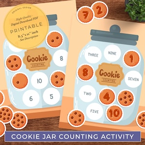 Puede incluir: Actividad de conteo de galletas en un tarro de galletas imprimible para niños. La actividad incluye un tarro de galletas con diferentes números de galletas adentro y tarjetas de números correspondientes para hacer coincidir. La impresión es de 8,5 pulgadas por 11 pulgadas.