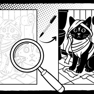 May include: Black and white illustration of a cat in a bathroom setting, wrapped in bandages. The image is a coloring page with a magnifying glass and pen pointing to the cat. The cat is sitting on a piece of paper.
