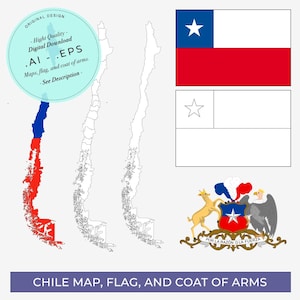Chile Map | Chile Flag | Chile Coat of Arms | Chilean flag | Vector Map | Map with Flag | Chile Pack | Instant Digital Download | Country