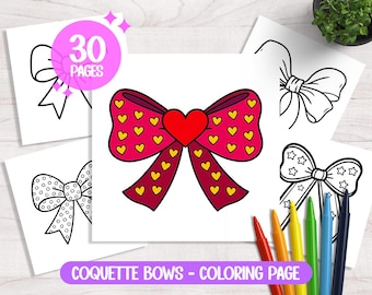 30 Printable Coquette Bows Coloring Pages, Bows Coloring packet, Coloring Pages, Relaxing Child Activity, Bold and Easy, PDF