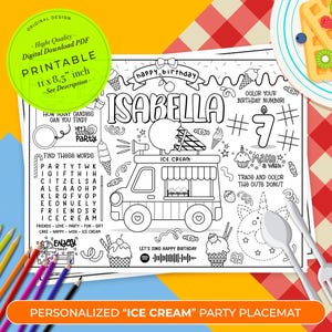 Ice Cream Birthday Party Coloring Placemat, Printable Ice Cream Truck ...