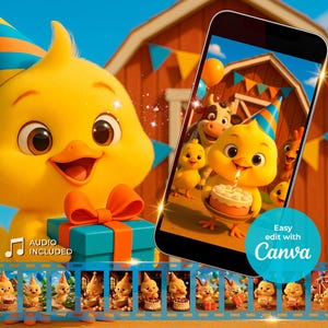 Puede incluir: Un alegre pollito amarillo con gorro de fiesta y pajarita, junto a una caja de regalo turquesa. Un smartphone muestra una escena similar con un pollito sosteniendo un pastel. La imagen incluye el texto "Easy edit with Canva" y "Audio Included".