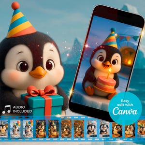 Puede incluir: Un pingüino de dibujos animados con un gorro de fiesta y un regalo envuelto con un lazo rojo. El pingüino está sobre un fondo nevado. Un smartphone muestra una imagen similar del pingüino con una tarta de cumpleaños. El texto "Easy edit with Canva" es visible.