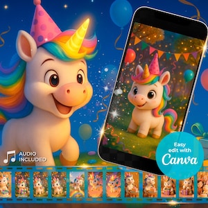 UNICORN VIDEO Zaproszenie, Animowany jednorożec, Zaproszenie wideo na imprezę jednorożca, Cyfrowy jednorożec, Zaproszenie na imprezę jednorożca w formacie MP4, e-kartka