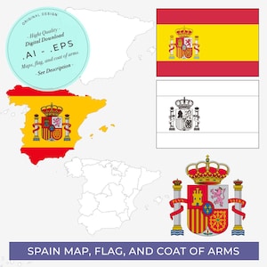 Spanje kaart | Vlag van Spanje | Wapenschild van Spanje | Vlag van Spanje | Vectorkaart | Kaart met vlag | Spanje-pakket | Direct downloaden | Gevectoriseerd | Vector