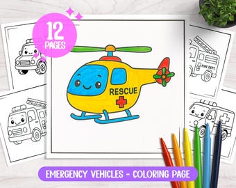 Puede incluir: Una página para colorear con vehículos de emergencia. La imagen principal es un helicóptero amarillo con la palabra "RESCUE" y una cruz roja. Otras imágenes incluyen un camión de bomberos, una ambulancia y un coche de policía. El texto "12 PAGES" está en un círculo rosa.