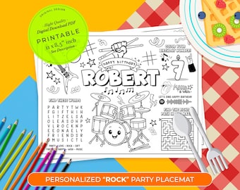 Feuille d'activités de coloriage pour une fête rock'n roll | Activité Rock and roll | Set de table Rock Party | Set de table imprimable Rockstar Party | Groupe de musique