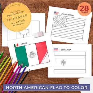 May include: Printable coloring pages of North American flags, including the flags of the United States, Mexico, and Costa Rica. Each flag is outlined in black and ready to be colored in.