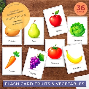 Flashcards Fruits and Vegetables | Montessori Cards | Nomenclature FlashCards | Preschool Flash Cards | Fruits and Veggies