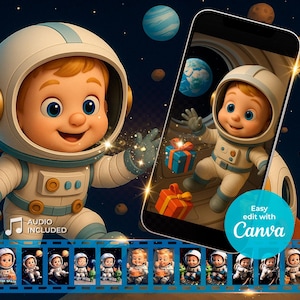 Puede incluir: Un bebé astronauta de dibujos animados con un traje espacial blanco y un casco azul, sosteniendo una caja de regalo. El fondo es una escena espacial azul oscuro con estrellas y planetas. El texto "Easy edit with Canva" está en la esquina inferior derecha de la imagen.