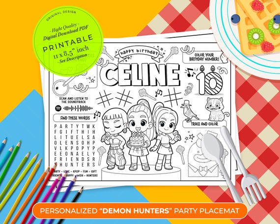 DEMON HUNTERS Birthday Placemat | Party Placemat | Party Activity Sheet | kpop Party | Huntrix Kpop | Kids Activity Coloring Page
