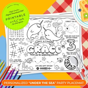 Narwhal Theme Birthday Activity Sheet | Narwhal Theme Party Favor | Ocean Kids Coloring Pages | Under The Sea Placemats | Fish Party