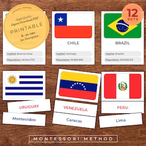 BANDEIRAS DA AMÉRICA DO SUL - 12 cartões flash, cartões Montessori, ensino em casa, crianças para impressão, Montessori para impressão, nomenclatura de cartões flash
