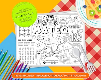 Tralalero Tralala Italian Brainrot Birthday Party Favor | Party Placemat | Party Activity Sheet | Kids Activity | Birthday Decorations
