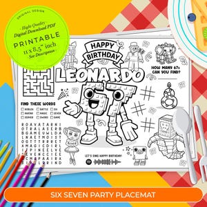 Puede incluir: Mantel individual de fiesta imprimible en blanco y negro para un cumpleaños. El mantel individual presenta un laberinto, una búsqueda de palabras e ilustraciones de robots y personajes. El texto incluye "Happy Birthday Leonardo" y "Six Seven Party Placemat". Mide 27,9 x 21,6 cm.