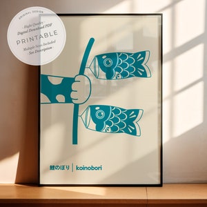 Puede incluir: Un póster imprimible con una mano de dibujos animados sosteniendo dos koinobori, o serpentinas de carpas, azules y blancas, con el texto japonés "鯉のぼり" y la traducción al inglés "koinobori" debajo.