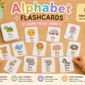 Puede incluir: Tarjetas didácticas del alfabeto con ilustraciones coloridas para niños pequeños y preescolares. Cada tarjeta presenta una letra y una imagen correspondiente, como una tortuga, un sol, un coche y una cebra. Las tarjetas están diseñadas para el aprendizaje temprano.