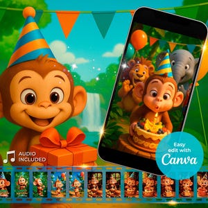 Op de afbeelding: Een cartoon aap met een feesthoed en een geschenkdoos. De afbeelding bevat een smartphone met een verjaardagsscène met een aap, een leeuw en een olifant. De tekst "Easy edit with Canva" is zichtbaar.