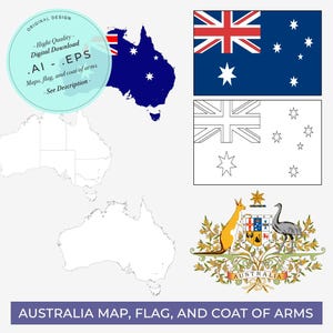 Puede incluir: Una descarga digital de un mapa, una bandera y un escudo de armas para Australia. El mapa está en blanco y negro, la bandera es azul con estrellas blancas y una Union Jack roja, y el escudo de armas presenta un canguro, un emú y un escudo con la Union Jack.