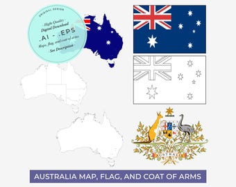Australia Map | Australia Flag | Australia Coat of Arms | Australian flag | Vector Map | Map with Flag | Australia Pack | Instant Download