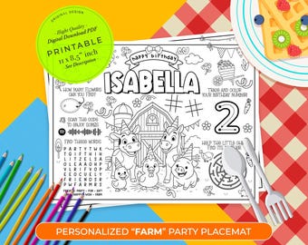 Farm Birthday Party Placemat | Coloring Farm Animals Worksheet | Printable Barnyard Activity Page | Personalized Party Favor | Animals Party