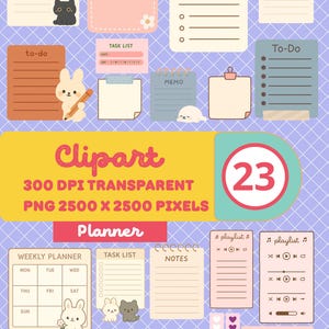 Kawaii GoodNotes-klistermärkespaket – 23 pastellfärgade planeringsanteckningar, att-göra-listor, spårningslappar och PM PNG Clipart | 300 DPi