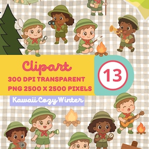 Könnte beinhalten: Digitales Clipart-Set mit 13 Cartoon-Pfadfindern in grünen Uniformen und Hüten, die Campingaktivitäten nachgehen. Enthält ein Zelt, ein Lagerfeuer, eine Karte und den Text "Clipart" und "Kawaii Cozy Winter".