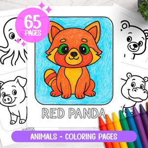 Puede incluir: Páginas para colorear con ilustraciones de animales, incluyendo un panda rojo, un pulpo, un cerdo, un oso y un hipopótamo. Las páginas están acompañadas de crayones de colores y el texto "65 páginas" y "Animales - Páginas para colorear".