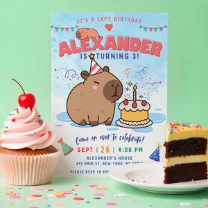 May include: A birthday invitation with a cartoon capybara wearing a party hat. The invitation says "It's a Capy Birthday! Alexander is turning 3!" and includes details for the party, including the date, time, and location.