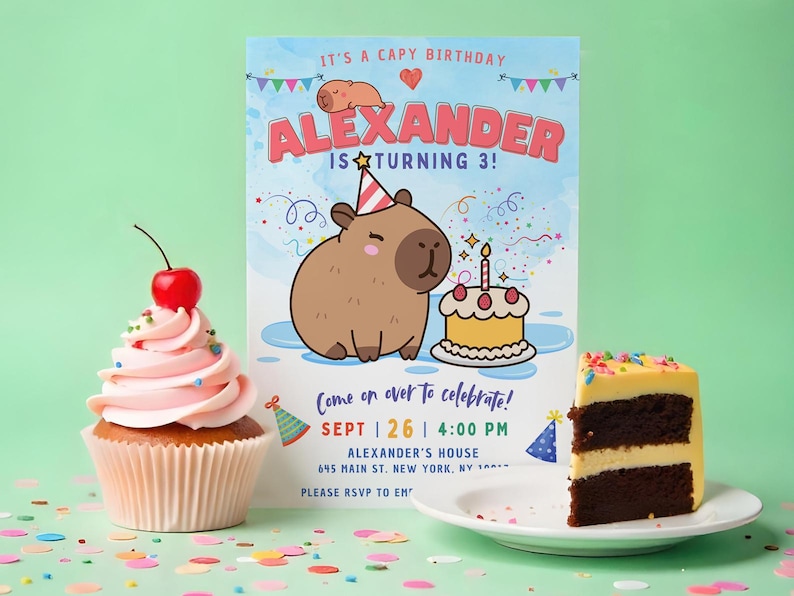 May include: A birthday invitation with a cartoon capybara wearing a party hat. The invitation says "It's a Capy Birthday! Alexander is turning 3!" and includes details for the party, including the date, time, and location.