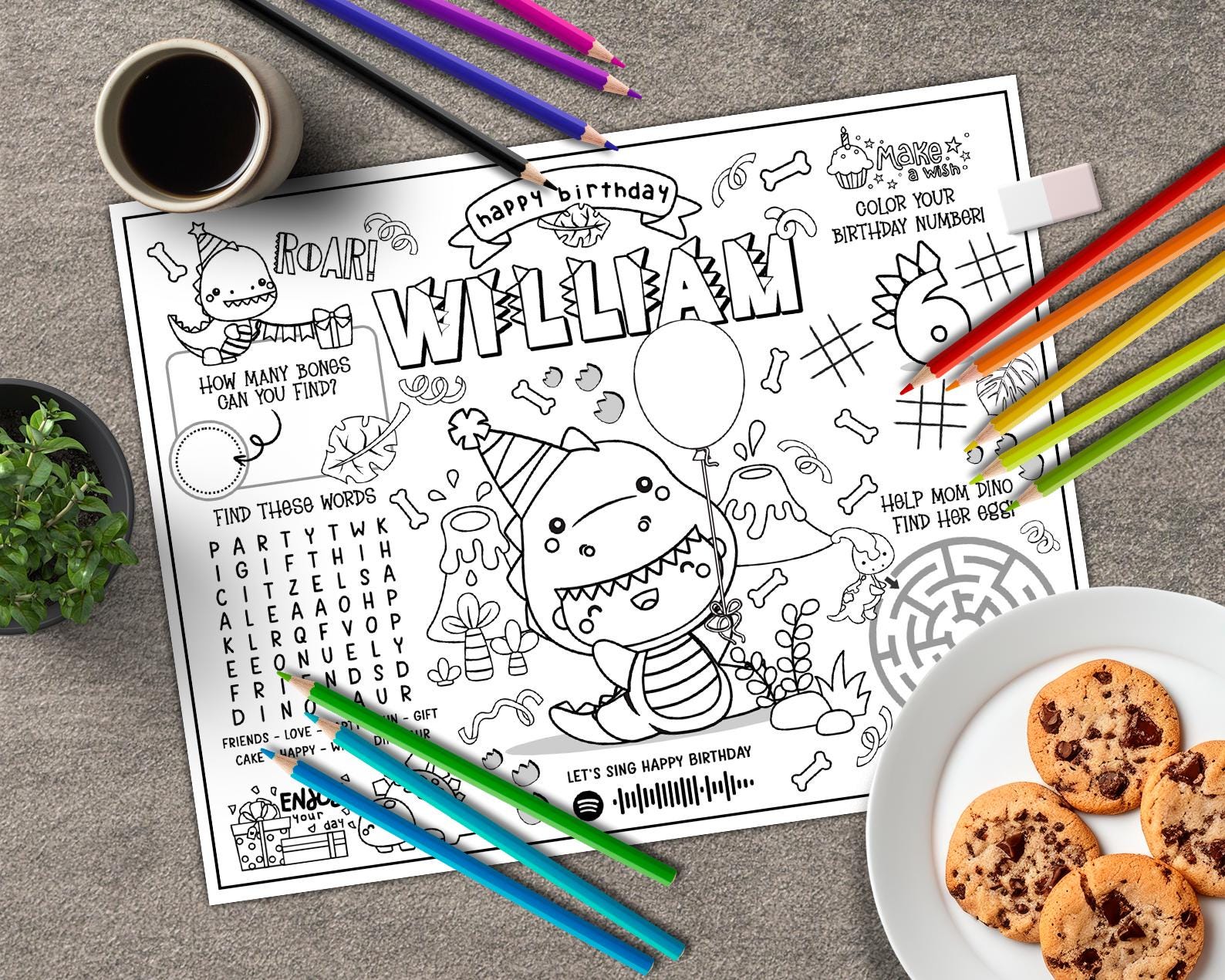 Dinosaur Birthday Party Coloring Placemat | Jurassic Party Activity ...
