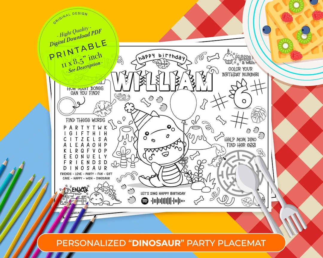 Dinosaur Birthday Party Coloring Placemat | Jurassic Party Activity ...
