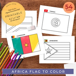 May include: A printable coloring page featuring 54 flags of African countries. The flags are outlined in black and white, ready to be colored. The page includes flags for Cameroon, Tunisia, and Zimbabwe.