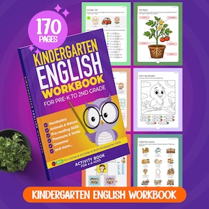 Puede incluir: Un "Cuaderno de trabajo de inglés para jardín de infancia" morado y amarillo con una ilustración de búho. El cuaderno, para niños de 4 a 8 años, incluye vocabulario, gramática y habilidades de prelectura. Dice "170 páginas".