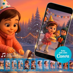 Puede incluir: Una ilustración digital de una niña con un gorro de fiesta y un suéter rosa. Ella sostiene un pastel de cumpleaños y sonríe. La imagen está ambientada en un fondo de escena invernal con nieve y árboles. El texto "Easy edit with Canva" se muestra en la esquina inferior derecha de la imagen.